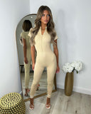 Taylor Seamless Ribbed Zip Front Jumpsuit - Beige