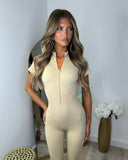 Taylor Seamless Ribbed Zip Front Jumpsuit - Beige