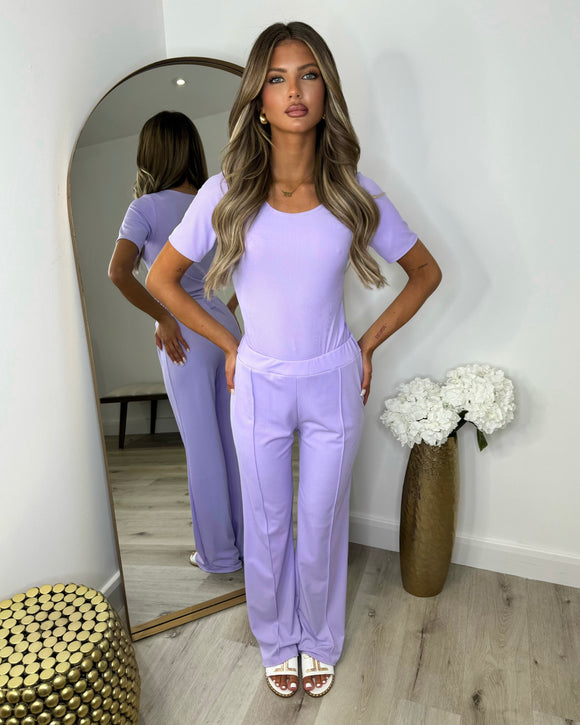 Libby Ribbed Bodysuit & Wide Leg Trousers - Lilac