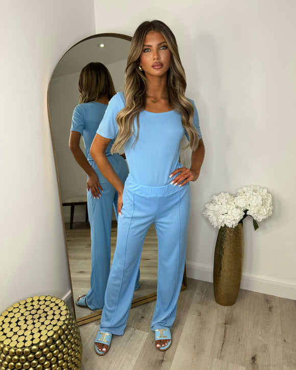 Libby Ribbed Bodysuit & Wide Leg Trousers - Sky Blue