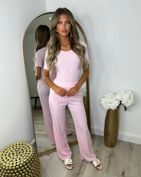 Libby Ribbed Bodysuit & Wide Leg Trousers - Baby Pink