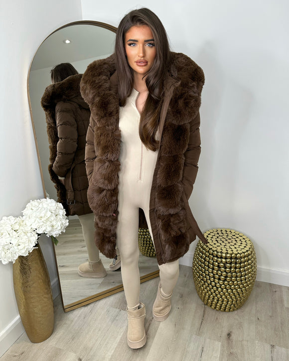 Hayley Faux Fur Belted Padded Coat - Chocolate