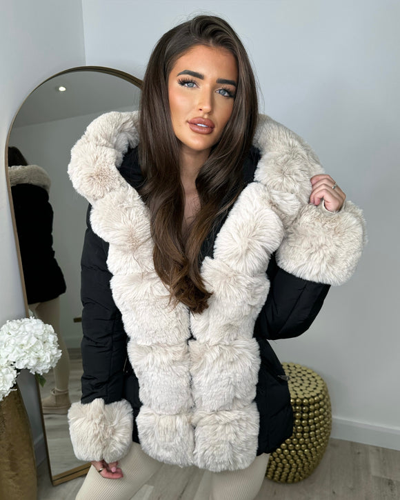 Isobella Belted Faux Fur Trim Hooded Coat - Black – GlamDoll Fashion