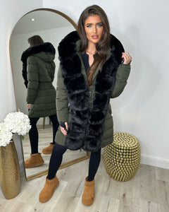 Hayley Faux Fur Belted Padded Coat - Khaki/Black