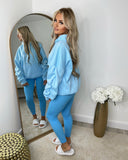 Rachael Ruched Sleeve Hoodie with Ribbon Detail - Baby Blue