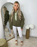 Rachael Ruched Sleeve Hoodie with Ribbon Detail - Khaki