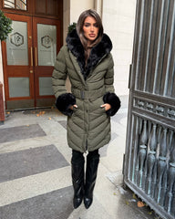 Emma Padded Faux Fur Trim Belted Coat - Khaki