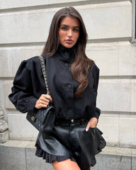 Eliana Short Trench Jacket with Ruched Shoulders - Black