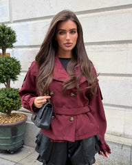 Ava Double Breasted Short Belted Trench Coat - Wine