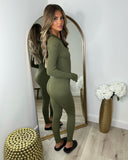 Coco Ribbed Zip front Jumpsuit- Khaki