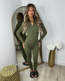 Coco Ribbed Zip front Jumpsuit- Khaki
