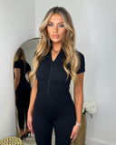 Taylor Seamless Ribbed Zip Front Jumpsuit - Black