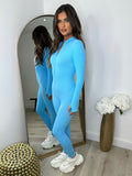 Coco Ribbed Zip front Jumpsuit- Sky Blue