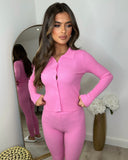 Arabella Button Up Ribbed Co-Ord - Bright Pink