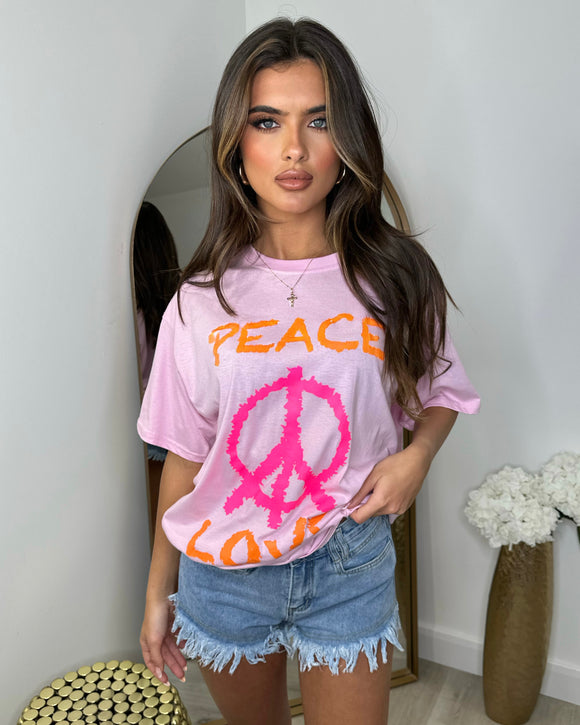 Peace & Love Print T-Shirt - Light Pink