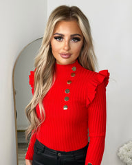 Elara Gold Button Frill Jumper - Red