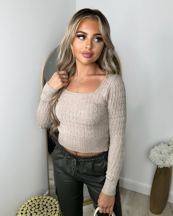 Keeley Cable Knit Cropped Long Sleeve Top - Beige