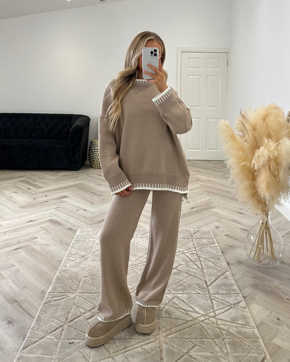 Peggy Round Neck Oversized Stitch Design Top & Trouser Set - Mocha/White