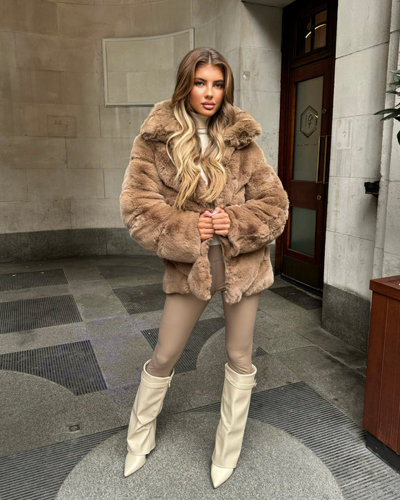 Gigi Faux Fur High Collar Coat- Camel