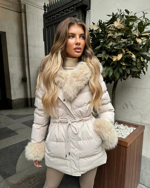 Klara Faux Fur trim Hooded Padded Coat- Beige