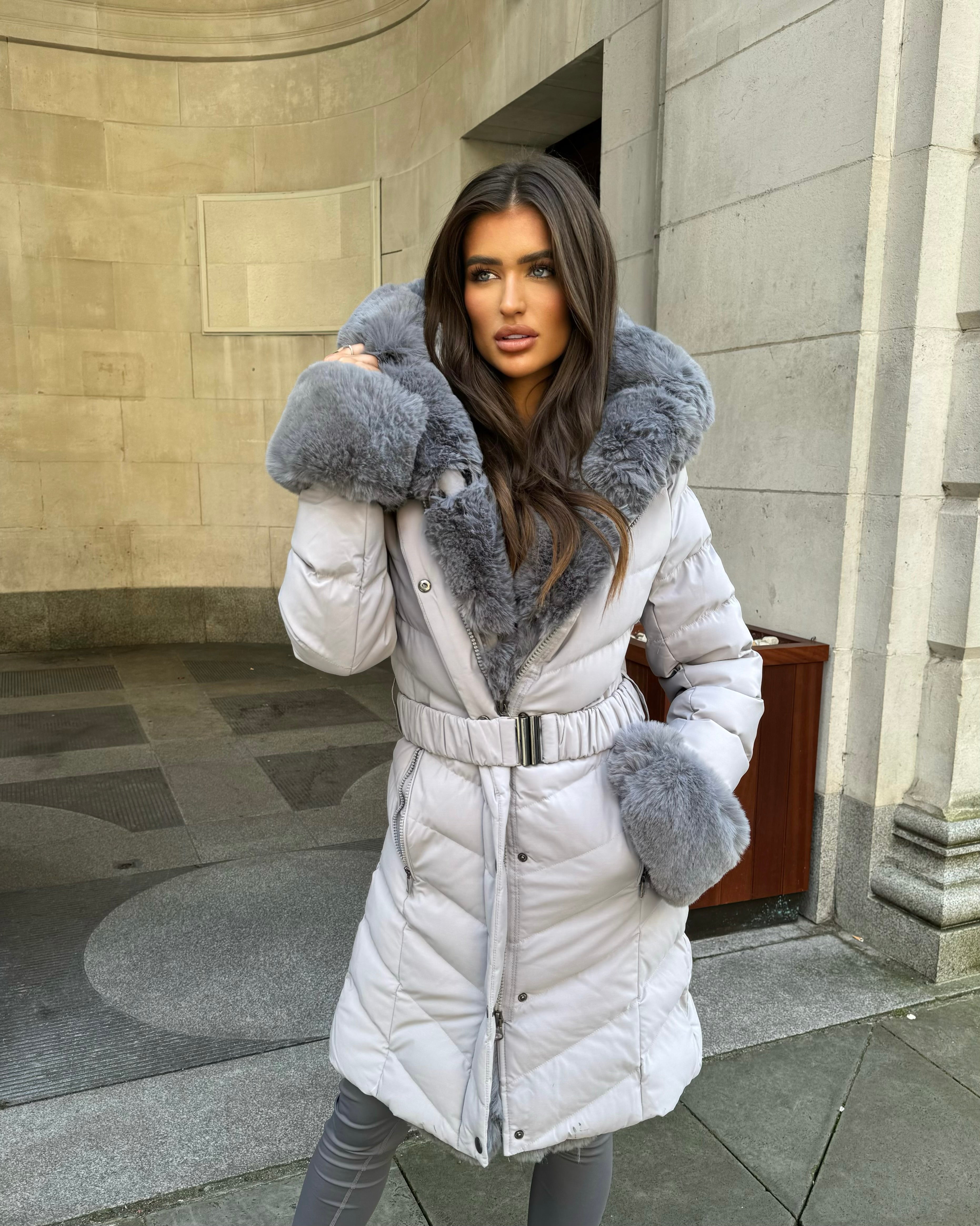 Emma Padded Faux Fur Trim Belted Coat Grey – GlamDoll Fashion