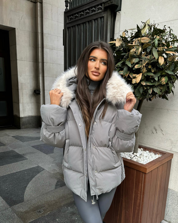 Camille Short Faux Fur Trim Puffer Coat- Grey