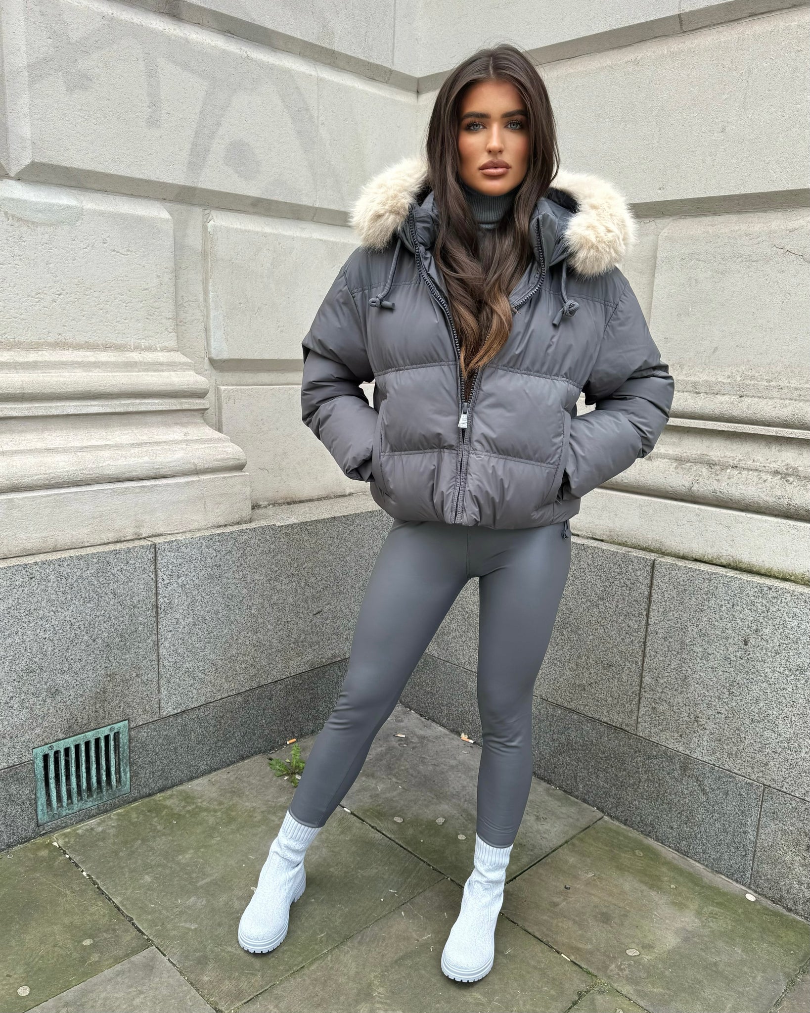 Lucinda Short Padded Faux Fur Trim Coat Grey GlamDoll Fashion