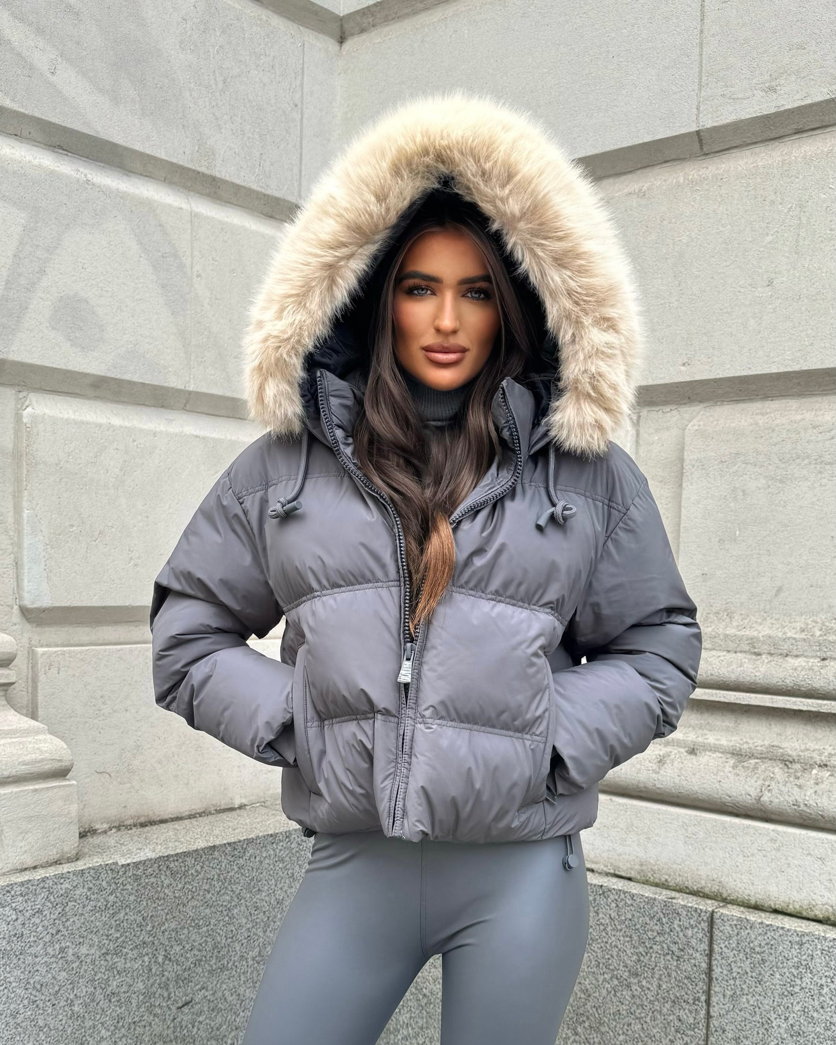 Lucinda Short Padded Faux Fur Trim Coat Grey GlamDoll Fashion