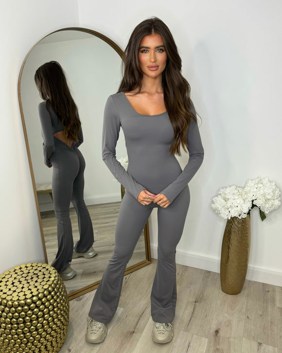 Camilla Round Neck Flared Leg Jumpsuit- Charcoal