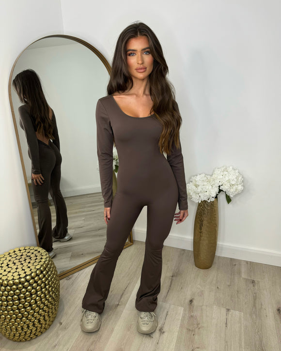 Camilla Round Neck Flared Leg Jumpsuit- Chocolate