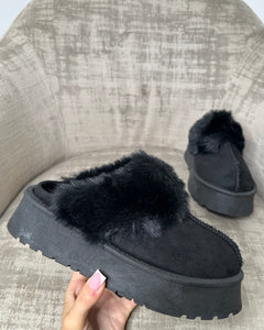 Pixie Fluffy Faux Fur Slippers - Black
