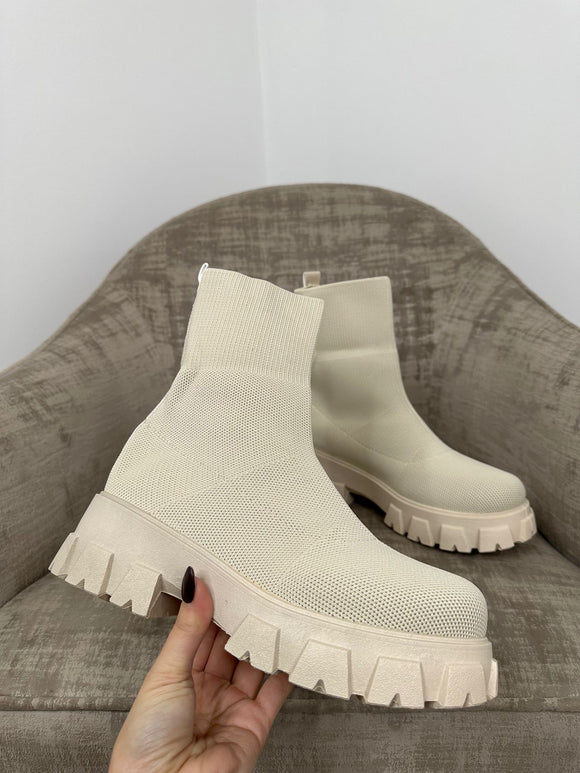 ANNA Ribbed Top Sock Boot - Beige