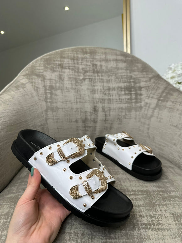 Adia Chunky Gold Buckle Double Strap Sandal - White