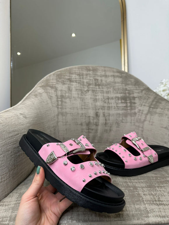 Fion Sliver Chunky Buckle Double Strap Sandal - Pink