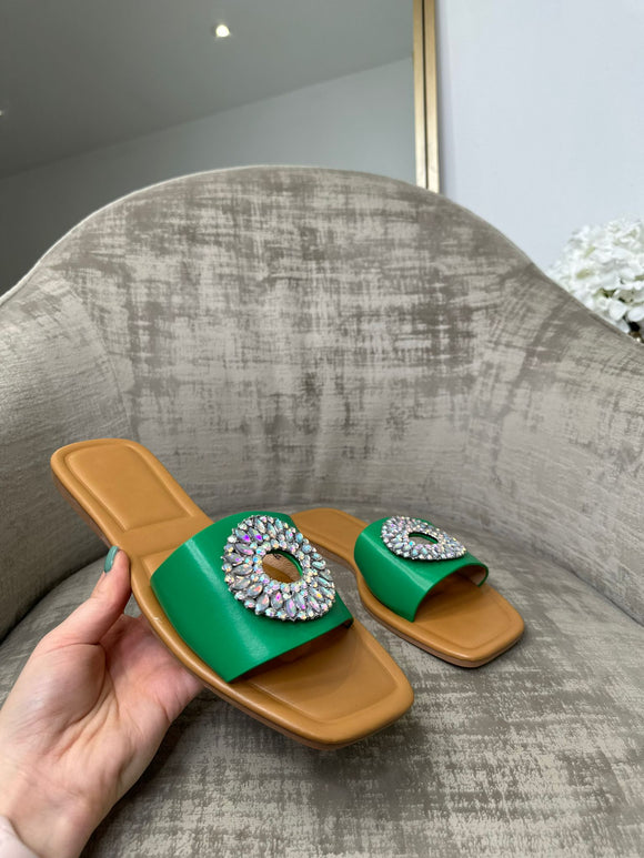 Cary Jewelled Strap Faux Leather Sandal - Green