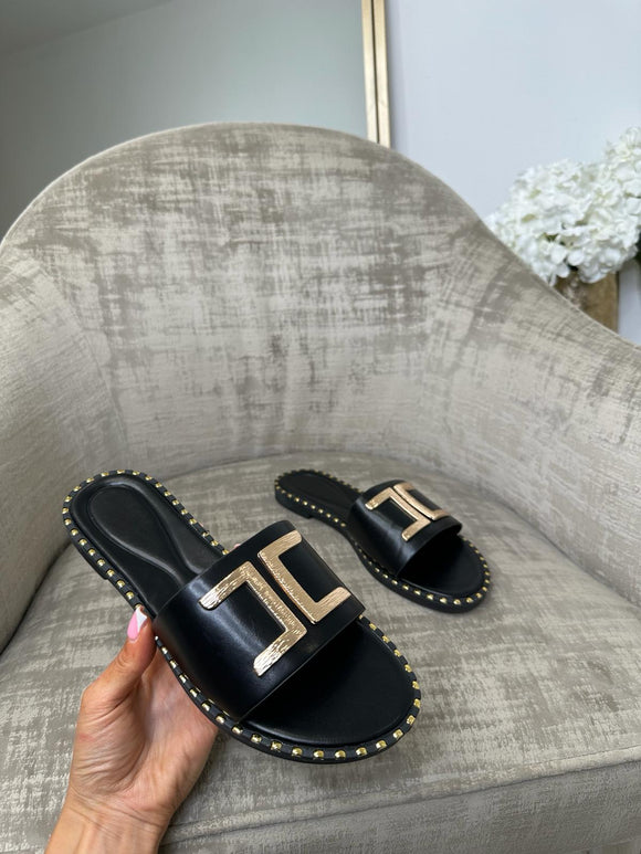 Demi Gold Detail Single Strap Sandal - Black