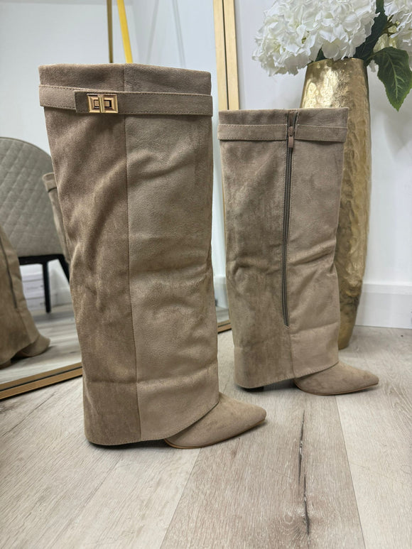 Serena Knee High Fold Over Suede Boots- Camel