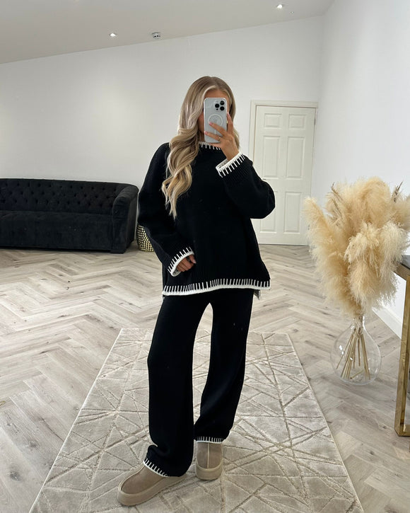 Peggy Round Neck Oversized Stitch Design Top & Trouser Set - Black/White