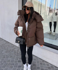 Phoebe Oversized Quilted Bomber Jacket with Hood - Chocolate