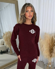 Sarah Logo Detail Long Sleeve Knitted Jumper & Straight Leg Trouser Set - Wine