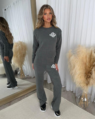 Sarah Logo Detail Long Sleeve Knitted Jumper & Straight Leg Trouser Set - Charcoal Grey