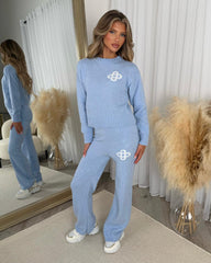 Sarah Logo Detail Long Sleeve Knitted Jumper & Straight Leg Trouser Set - Sky Blue