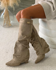 Holly Knee High Slouch Gold Buckle Detail Boots - Mocha Suede