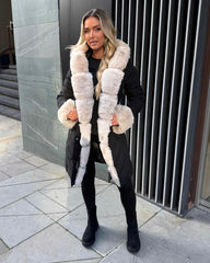 Emma Padded Faux Fur Trim Belted Coat - Black/Beige