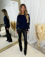 Charlotte Round Neck Jumper with Flower Arm Design - Navy