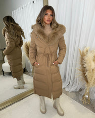 Mia Faux Fur Pull in Waist Long Padded Coat - Camel