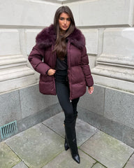 Aveline Hooded Faux Fur Trim Jacket - Burgundy