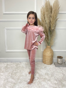 Lexie Kids Velour Frill Detail Trouser & Top Set - Pink