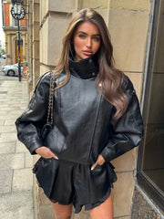 Cleo High Neck Elasticated Detail Faux Leather Jacket - Black