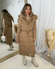 Mia Faux Fur Pull in Waist Long Padded Coat - Camel